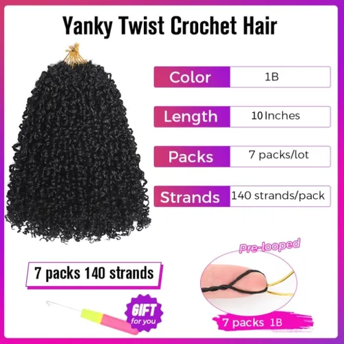 Miniatura 2 de Pelo de ganchillo Yanky Twist de 10 pulgadas para mujeres negras, 7 paquetes de cabello corto bohemio con extremos rizados, cabello sintético rizado
