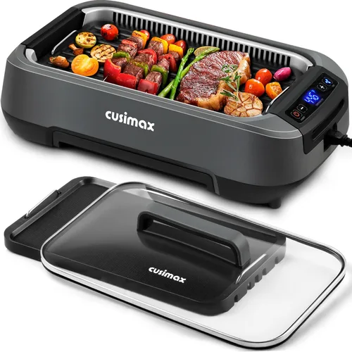 CUSIMAX Parrilla sin humo, parrilla eléctrica para interiores, parrilla BBQ coreana de 1500W con parrilla extraíble antiadherente/placa de plancha,