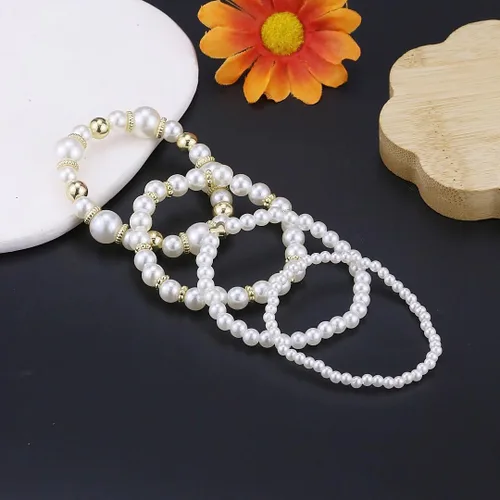 Miniatura 6 de Pulseras de perlas para mujer, pulsera de perlas de imitación con cuentas de perlas blancas, juego de pulseras elásticas apilables, pulseras