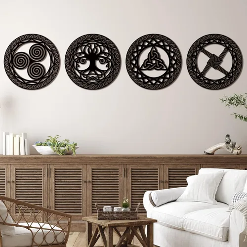 Miniatura 4 de Peryiter Decoración de pared de símbolo celta, 4 piezas de nudo de cruz celta, símbolo de triple espiral, letrero de madera, arte de pared sagrado