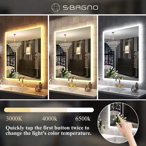 Miniatura 6 de SBAGNO - Espejo de baño LED con luces, 32 x 28 pulgadas, borde 3D, espejo de pared con Bluetooth, antivaho, atenuación continua, 3 colores, espejo