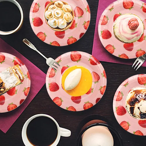 Miniatura 4 de 120 platos de papel de fresa de 7 pulgadas, platos de postre desechables decorativos para fiestas, platos de fiesta de fresas a granel