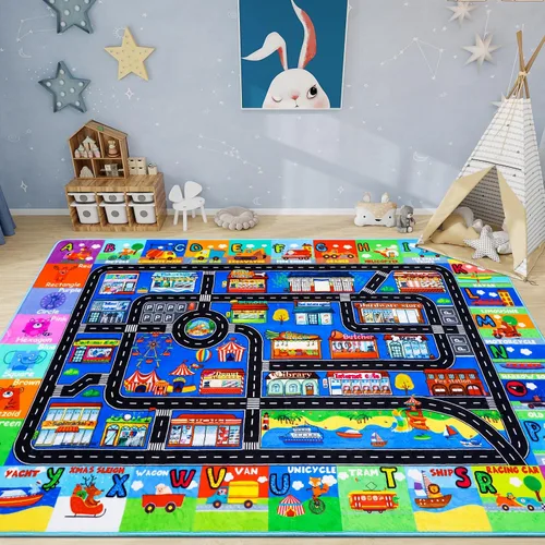 Miniatura 14 de Alfombra de juego para niños, alfombra de tráfico para carretera, 118 x 78.7 pulgadas, para sala de juegos, transporte ABC, alfombra educativa