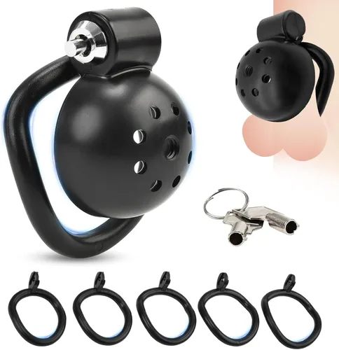 Jaula de castidad masculina con cierre a presión con 5 anillos y dilatador uretral de metal, jaula plana de castidad, catéter uretral, dispositivos