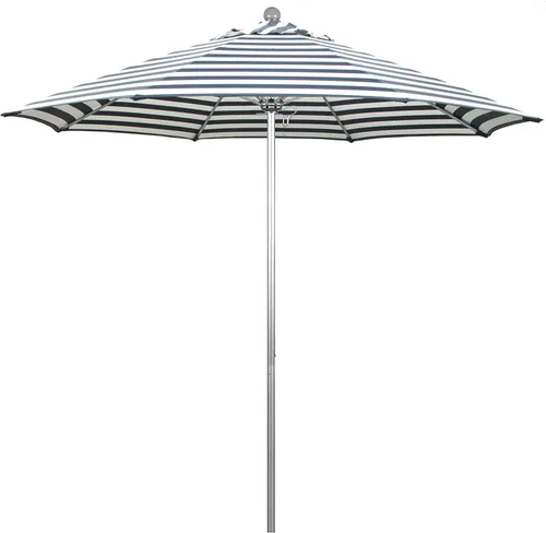 Miniatura 25 de California Umbrella Paraguas redondo de aluminio/fibra de vidrio de 9', empuje abierto, poste de plata, tela azul real de olefina