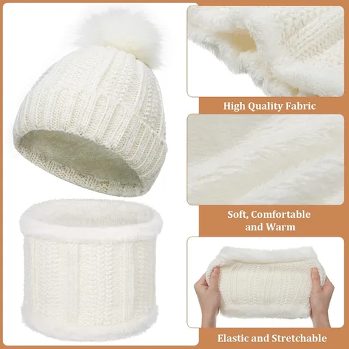 Miniatura 3 de 8 piezas de gorro de invierno cálido con pompón para mujer, gorro de punto calavera, calentadores de cuello, bufandas, guantes de punto