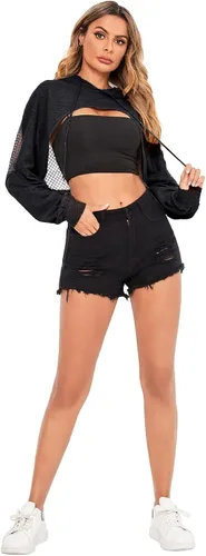 Miniatura 6 de Verdusa Sudadera corta con capucha y cordón para mujer con hombros caídos de red transparente
