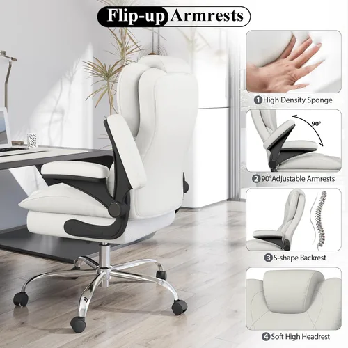 Miniatura 4 de Silla de escritorio de oficina, silla de oficina ejecutiva de cuero, silla de escritorio ergonómica de respaldo alto con brazos abatibles Blanco