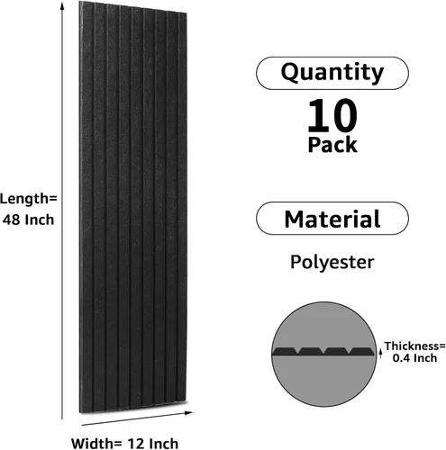 Miniatura 3 de Art3dwallpanels Paquete de 10 paneles acústicos, paneles de pared insonorizados de 48 x 12 x 0.35 pulgadas, autoadhesivos de alta densidad que Negro
