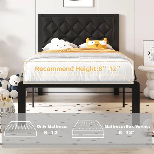 Miniatura 7 de Fluest Base de cama individual con cabecero, tapizada en cuero PU, marco de plataforma con soporte de listones metálicos, con espacio de Negro
