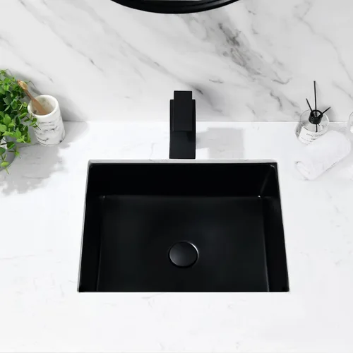 Miniatura 9 de Fregadero de baño rectangular de 20 x 15 pulgadas, color negro, de porcelana, cerámica, arte moderno, lavabo bajo encimera con desbordamiento Negro