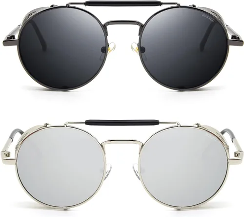Miniatura 2 de RONSOU - Lentes de sol polarizados estilo steampunk redondas y vintage, con protección UV400, con marco