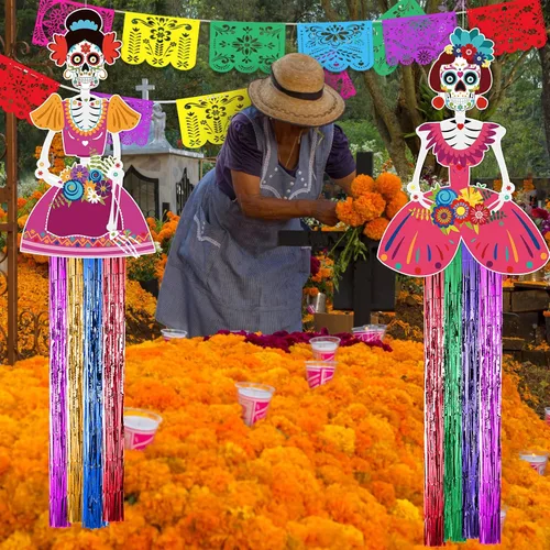 Miniatura 6 de TaoBary Juego de 15 decoraciones del Día de los Muertos de 34 pulgadas, decoración colgante de calavera de azúcar de 16.4 pies, pancartas de papel