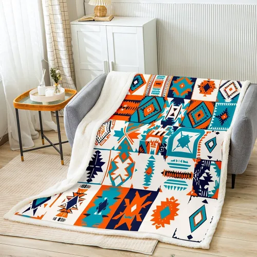 Miniatura 2 de Manta Étnica del Suroeste para Sofá Throw 50"X60" Manta Throw Sherpa Boho Occidental Manta Throw de Vellón Nativo Tribal Azteca Hippie Manta Peluda