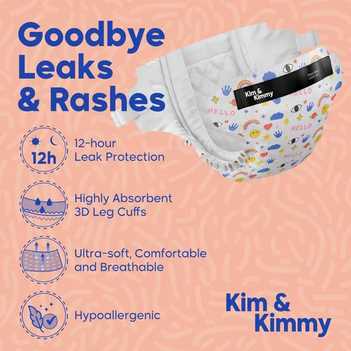 Miniatura 2 de Kim & Kimmy Pañales ecológicos, recién nacidos, hasta 11 libras, 32 pañales – Protección contra fugas de 12 horas, sin erupciones, hipoalergénicos