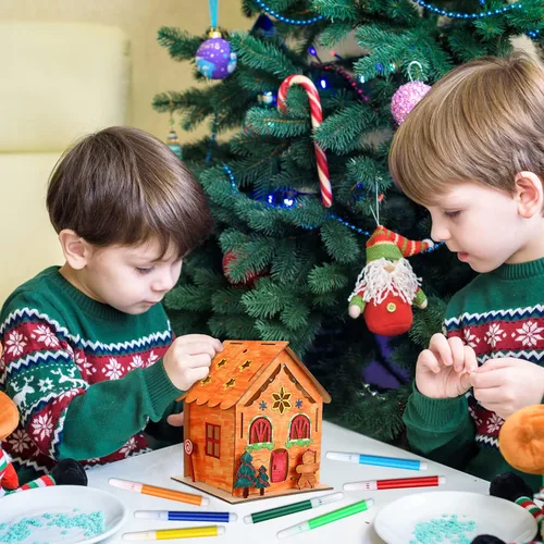 Miniatura 6 de Spiareal 24 juegos de kit de bricolaje para casa de pan de jengibre de Navidad de madera con velas sin llama LED, lápices acuarela, casas de madera