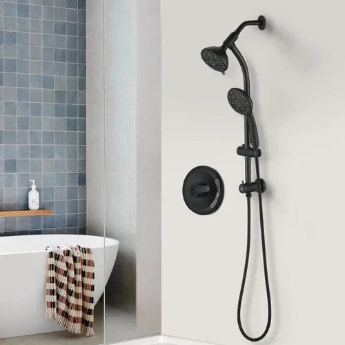 Miniatura 2 de Cabezal de ducha de 2 vías ajustable en altura/ángulo sin taladros de montaje instantáneo/barra deslizante de mano (negro mate)