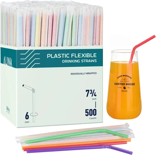 ALINK 500 unidades de pajitas de plástico flexibles y coloridas, pajitas de fiesta desechables y plegables envueltas individualmente - 19,7 cm x