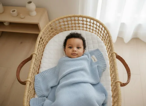 Miniatura 8 de Manta envolvente tejida de algodón orgánico Bleu La La para niños - 100% algodón orgánico suave de lujo - Manta de arrullo y acurrucamiento cálida