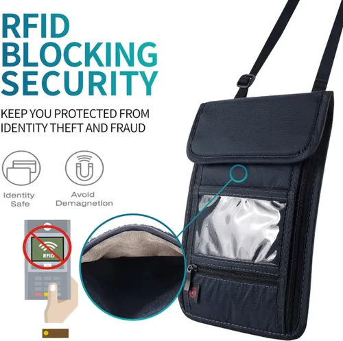 Miniatura 3 de Cartera con bloqueo RFID para pasaporte con bolsa de almacenamiento para el cuello para tarjeta de identificación de crédito de seguridad de viaje