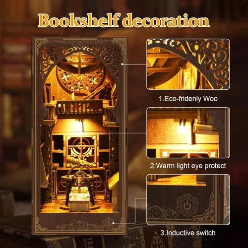 Miniatura 2 de Kit de rincón de libro para adultos, kit de construcción de casa de muñecas en miniatura, rompecabezas de madera 3D con sensor de luz LED