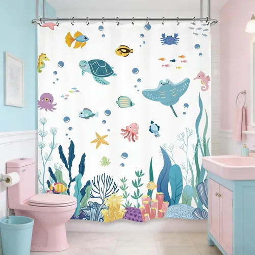 Miniatura 7 de Cortina de ducha para niños, 60 pulgadas de ancho x 72 pulgadas de largo, linda tortuga corales submarinos para niños y niñas, peces marinos, juego