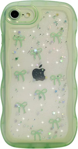 Miniatura 16 de Qokey Funda para iPhone 12 Pro Max de 6.7 pulgadas, diseño de onda rizada, borde transparente, brillante con purpurina, estrella brillante, bonita