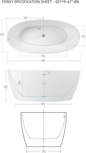 Miniatura 6 de FerdY Tahiti - Bañera independiente de 67" con forma ovalada elegante, bañera aislada de doble pared brillante con color blanco, con centro
