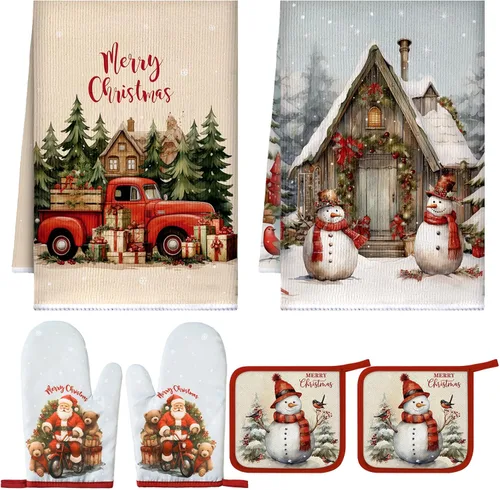 Miniatura 9 de Bencailor Juego de 6 Piezas Toallas de Cocina Navideñas Manoplas de Horno y Soportes para Ollas Tema Navideño Toallas de Platos Guantes de Horno