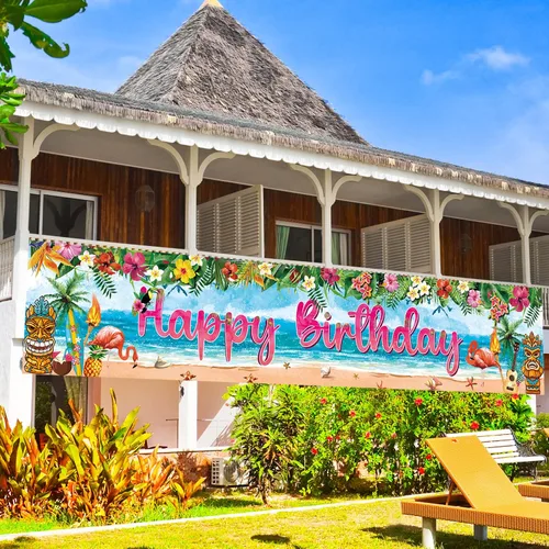 Hawaiian Luau - Cartel de decoración de fiesta de cumpleaños, suministros de letrero de cumpleaños de flamenco tropical Aloha, fondo de fiesta Luau