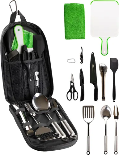 Life2Go - Juego de utensilios de cocina de campamento de 12 piezas y equipo de cocina al aire libre, estuche de transporte compacto portátil para