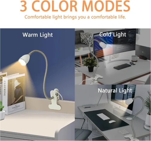 Miniatura 2 de Lámpara de escritorio Lámparas de mesa para el cuidado de los ojos, rotación de 360°, cuello de ganso con clip, luz de lectura, luz de libro