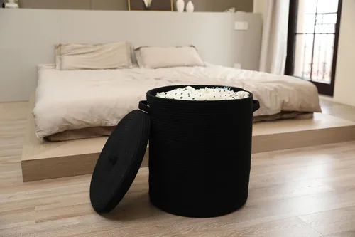 Miniatura 9 de Cesta de almacenamiento extra grande de 16" x 16" x 18" con tapa, cestas de almacenamiento de cuerda de algodón, canasta de lavandería, contenedor