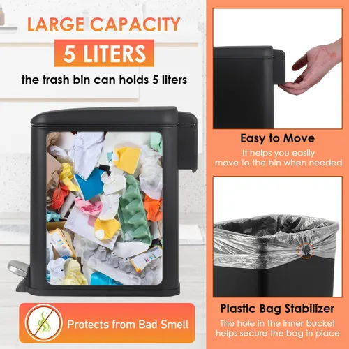 Miniatura 6 de PayLessHere Cubo de basura delgado de 1.3 galones con tapa, pequeño cubo de basura negro de acero inoxidable con cubo interior extraíble
