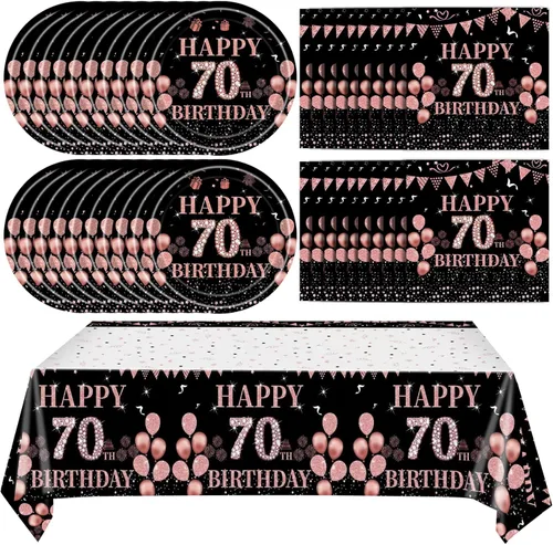 Miniatura 8 de Ryzovo - Decoraciones de cumpleaños 50 para mujer, platos de papel desechables negro y oro rosa, suministros de fiesta para 20 invitados, 41 piezas