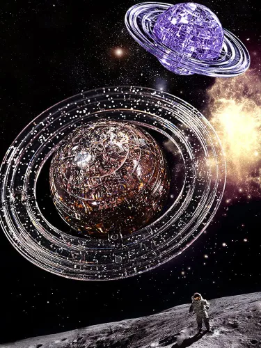 Miniatura 4 de Rompecabezas de cristal 3D, 40 piezas Saturno Ensamblaje Brain Teaser con base de madera iluminada, bloques de rompecabezas de Saturno de plástico