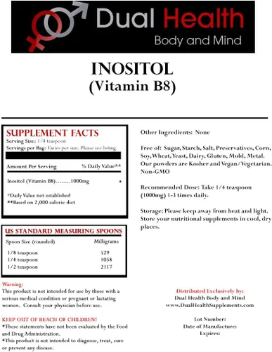 Miniatura 2 de Dual Health Body & Mind Inositol en polvo (8 oz) Pure Vitamina B8 antioxidantes suplementos a granel 1000mg por porción
