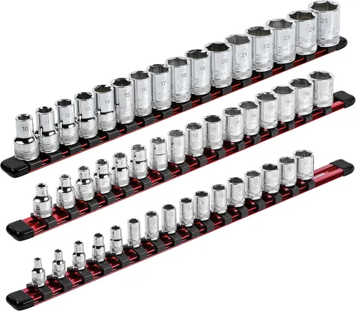 ARES 70204 - Organizador de enchufes de aluminio de 3 piezas, rieles de enchufe de 1/4 pulgadas, 3/8 pulgadas y 1/2 pulgadas con capacidad para 48