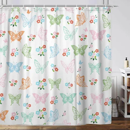Miniatura 5 de Cortina de ducha con diseño de mariposas, diseño floral, moderna, femenina, para baño, accesorios de baño para niños con ganchos, 47 x 64 pulgadas
