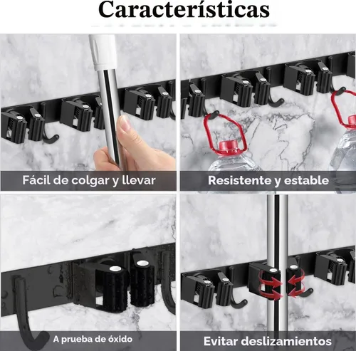 Miniatura 2 de Soporte de pared negro para fregona y escoba con 5 estantes y 4 ganchos, organizador de escobas, estantes de almacenamiento de herramientas de acero