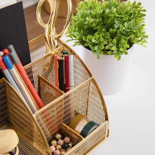 Miniatura 6 de Martha Stewart Ryder - Organizador de escritorio pequeño de metal de malla dorada para accesorios de oficina, cuadernos, soporte para bolígrafos