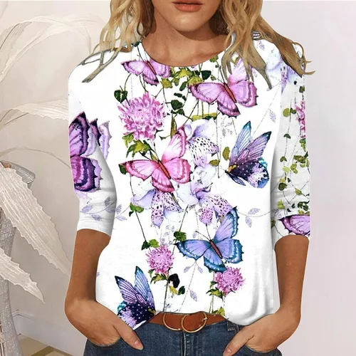 Miniatura 3 de Oggfader 34 Sleeve Shirts Women 2023 Trendy Crewneck Floral Slim Fit Tops Summer Casual Going Out Relaxed Clothes