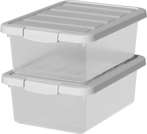 Paquete de 2 contenedores de almacenamiento medianos con tapas, caja organizadora apilable transparente de 14 cuartos de galón, contenedores Tapa