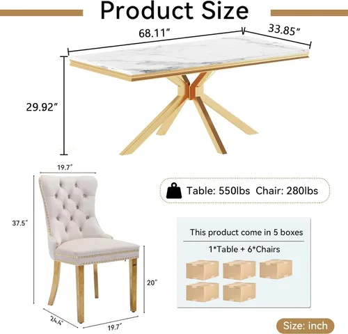 Miniatura 9 de Juego de mesa de comedor de mármol para 6, mesa de cocina rectangular de mármol blanco de 70 pulgadas con patas en X de acero inoxidable dorado