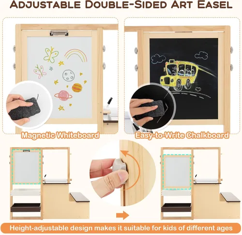 Miniatura 3 de Costzon Caballete para niños, centro de arte de madera con pizarra de doble cara y pizarra blanca, rollo de papel para dibujo, manualidades