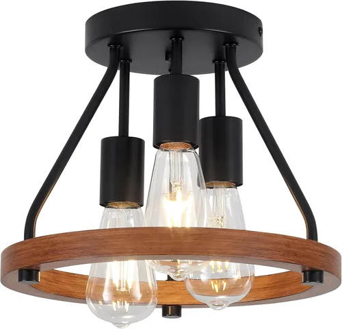 Miniatura 9 de Lámpara de techo moderna de granja de madera semiempotrada, accesorios de iluminación de pasillo y entrada, lámpara de techo industrial rústica de 3