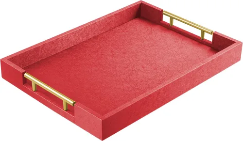 Miniatura 9 de ATZYmolin - Bandeja de servicio de madera de 17" x 12" con asas de metal dorado pulido, bandeja decorativa de madera rectangular para el hogar, Oro