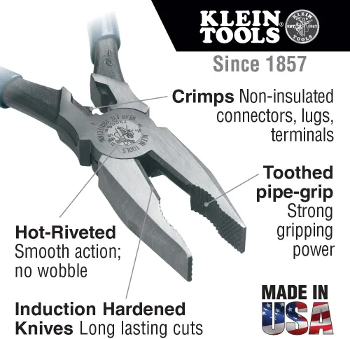 Miniatura 2 de Klein Tools J12098 Alicates de combinación universal con matriz de prensado, agarre de tubo dentado, cuchillos endurecidos por inducción