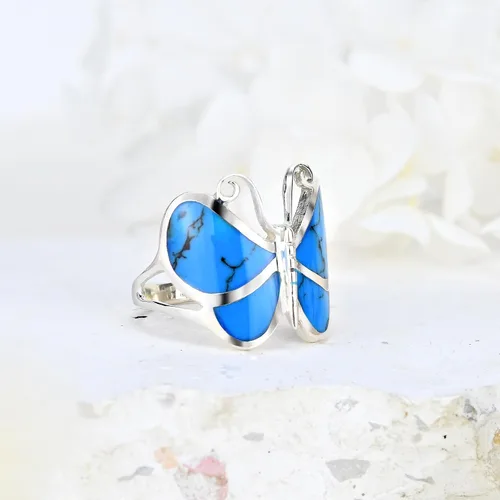 Miniatura 2 de Anillo de plata de ley 925 con diseño de mariposa y turquesa azul simulado.