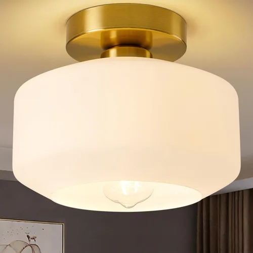 Miniatura 14 de Lámpara de techo industrial semiempotrada, bombilla LED de 800 lúmenes incluida, pantalla de vidrio texturizado, lámpara estilo granja para pasillo